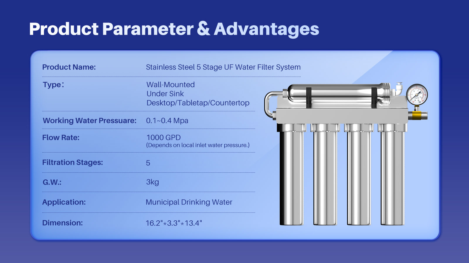 YUNDA 5 Stage Stainless Steel Under Sink Water Filter