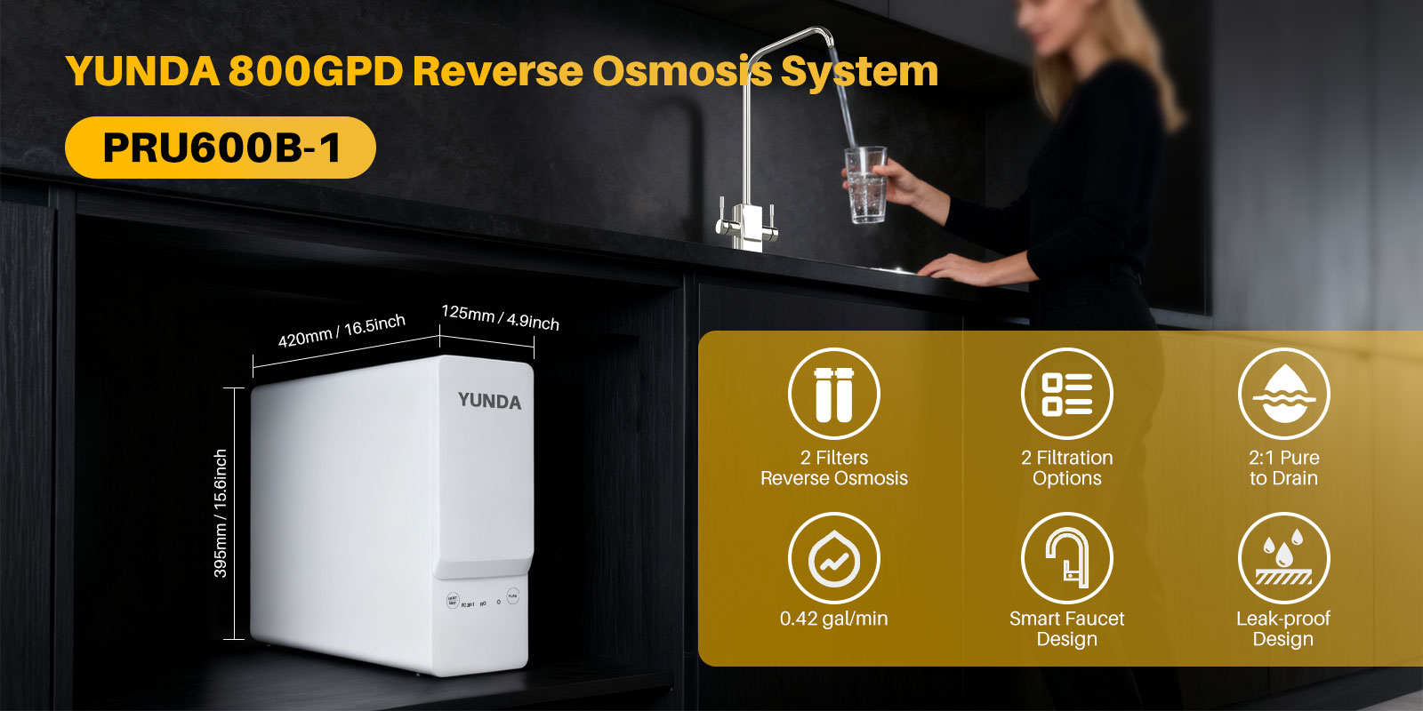 YUNDA PRU600B-1 800GPD Tankless RO System