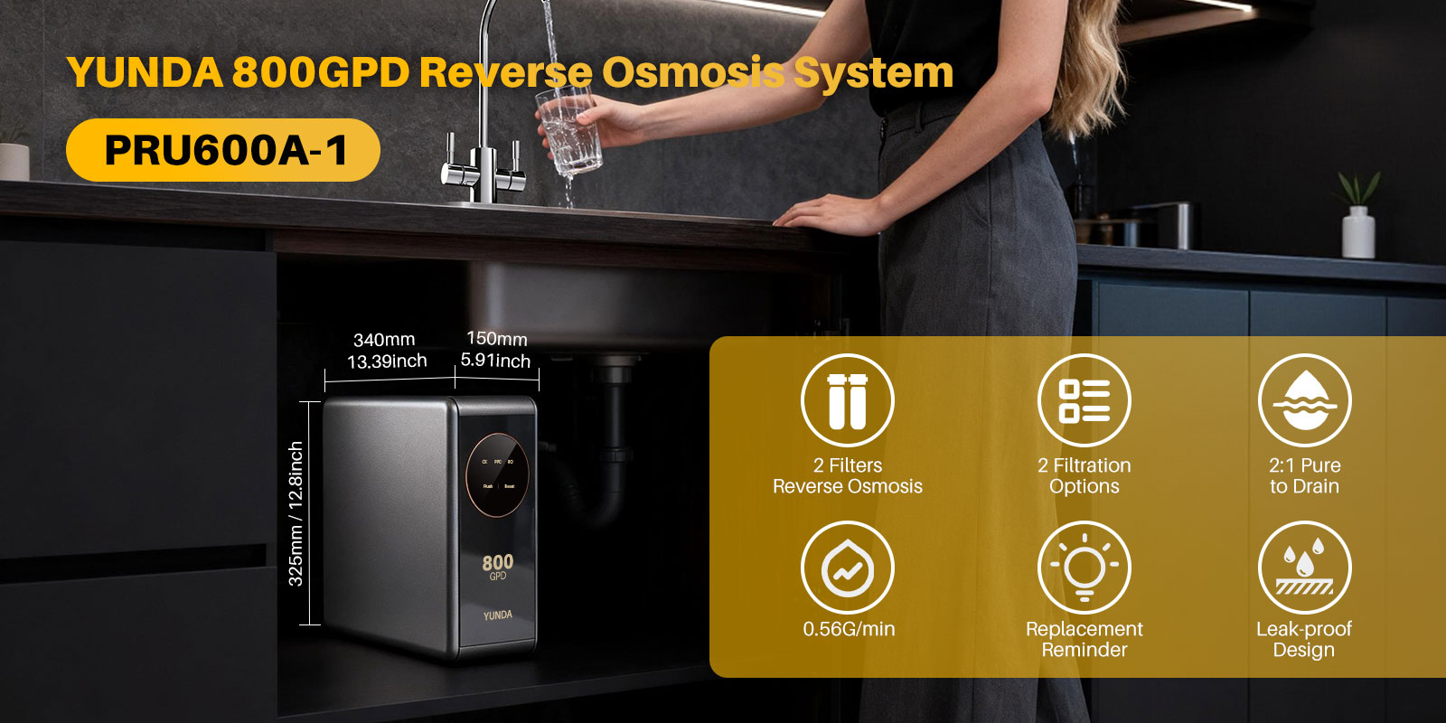 YUNDA PRU600-1 800GPD Tankless Under Sink Reverse Osmosis System
