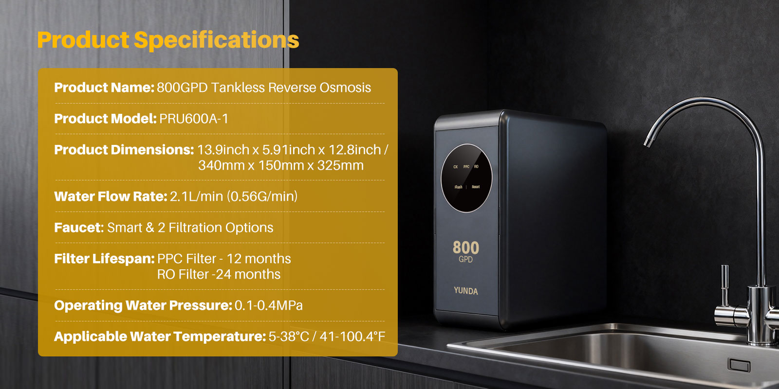 YUNDA PRU600-1 800GPD Tankless Under Sink Reverse Osmosis System